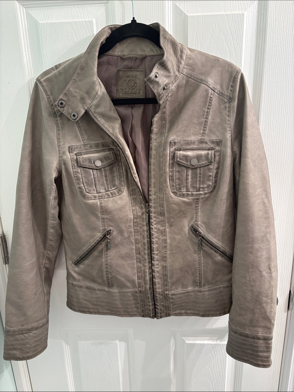 Max Jeans Taupe Moto Utility Jacket Faux Leather Zip Front Women’s